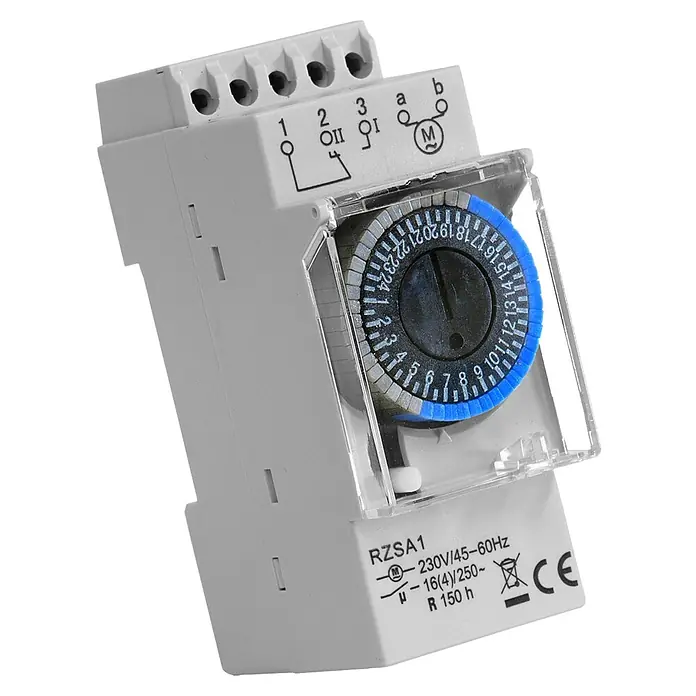 Zeitschaltuhr Talento 11 - Mechanisch, 3.680 W - Eine Nahaufnahme einer RZSA1 Zeitschaltuhr zur präzisen Steuerung von Geräten mit 230V/45-60Hz, ideal für Automatisierung.