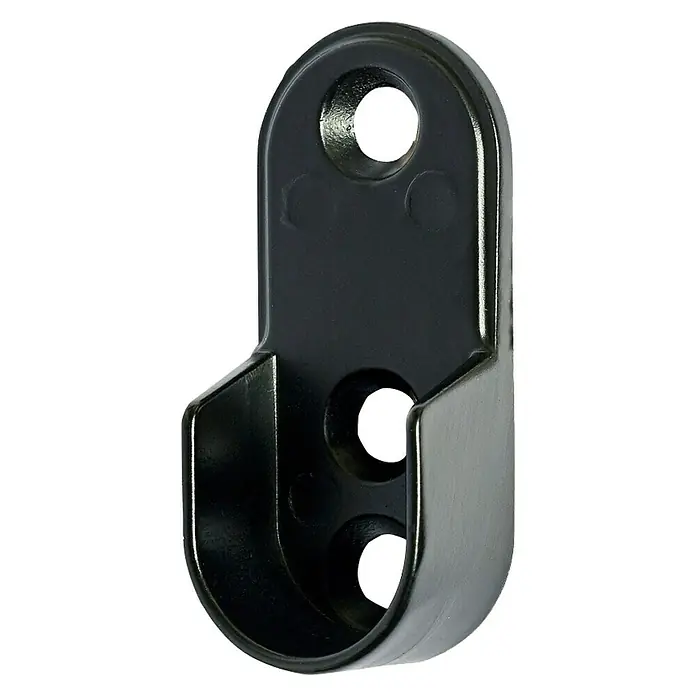 Soporte de barra para ropa terminal - Largo: 1,25 cm, Plástico, Negro, 2 ud. - Un soporte negro metálico para barra de armario con orificios para montaje, diseñado para sostener barras en su lugar.