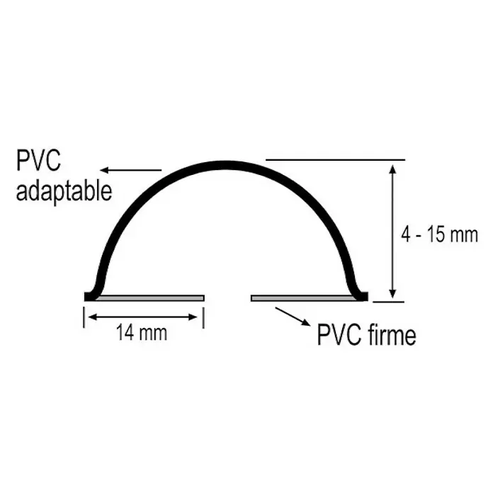Junta para puerta Antipinzamiento - Marrón, Largo: 1 m - Esquema de un perfil de PVC adaptable con dimensiones de 4-15 mm de altura y 14 mm de ancho.