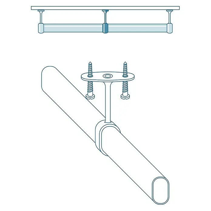 Soporte de barra para ropa central - Largo: 4,9 cm, Plástico, Negro, 1 ud. - Ilustración de una barra de armario con un soporte y tornillos para montaje en el techo. Esta barra ofrece una solución de almacenamiento práctica.