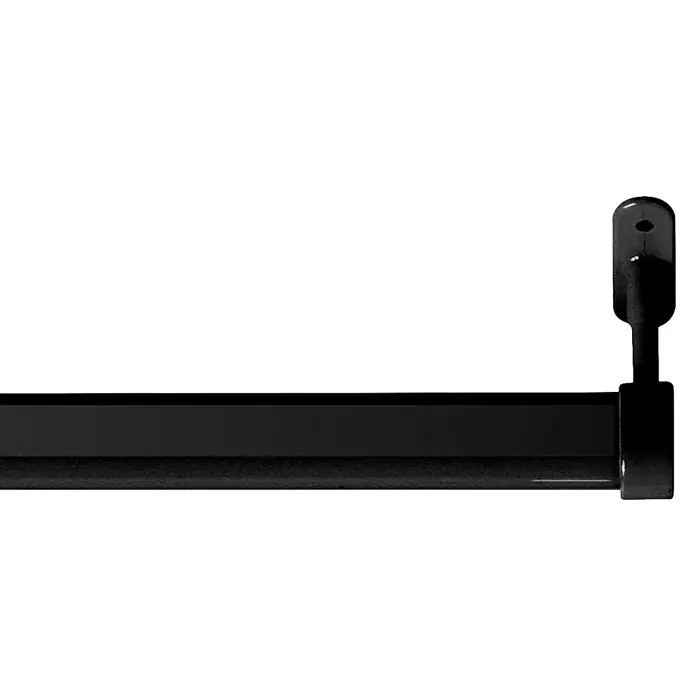 Soporte de barra para ropa terminal al techo - Largo: 1,8 cm, Negro, 2 ud. - Primer plano de un asa negra con un agujero en el extremo superior, montada sobre un fondo oscuro.