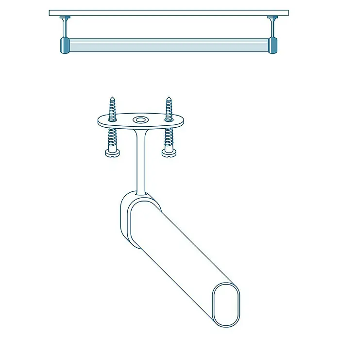 Soporte de barra para ropa terminal al techo - Largo: 1,8 cm, Negro, 2 ud. - Ilustración de una barra de armario y un soporte con tornillos, mostrando el proceso de instalación del producto.