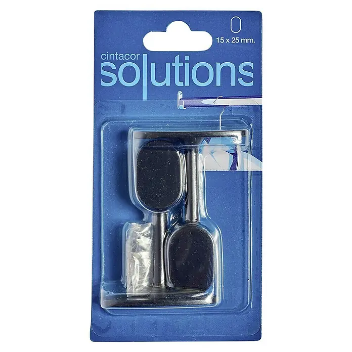 Soporte de barra para ropa terminal al techo - Largo: 1,8 cm, Negro, 2 ud. - Un paquete de Cintacor Solutions que contiene dos soportes de barra de cortina negros con material de montaje en un blíster azul.