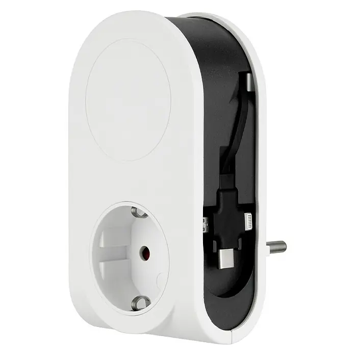 REV USB-Ladegerät Flex 3 in 1 - Weiß, USB C-Stecker, USB Micro-Stecker, Lightning-Stecker - Das Bild zeigt einen weißen, ovalen Steckeradapter mit einer Steckdose und einem integrierten USB-Ladekabel. Der Adapter ist für verschiedene Geräte geeignet.