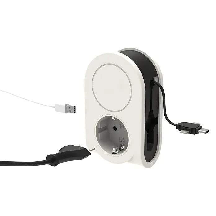 REV USB-Ladegerät Flex 3 in 1 - Weiß, USB C-Stecker, USB Micro-Stecker, Lightning-Stecker - Ein vielseitiger Steckdosenadapter mit integriertem USB-Anschluss und Kabeleinzug, ideal für moderne Geräte.
