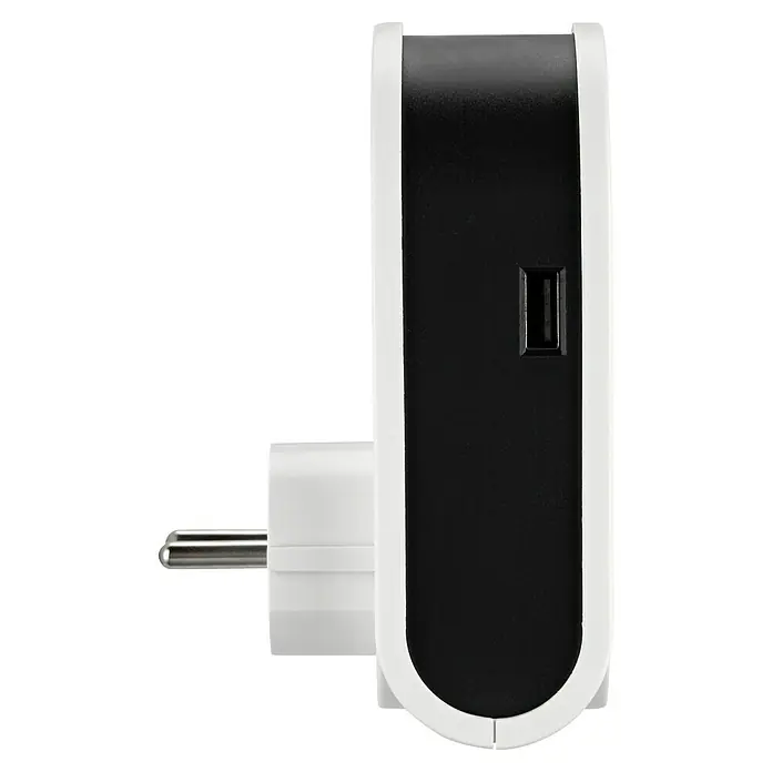 REV USB-Ladegerät Flex 3 in 1 - Weiß, USB C-Stecker, USB Micro-Stecker, Lightning-Stecker - Detailaufnahme eines weißen Stromadapters mit USB-Anschluss vor schwarzem Hintergrund.