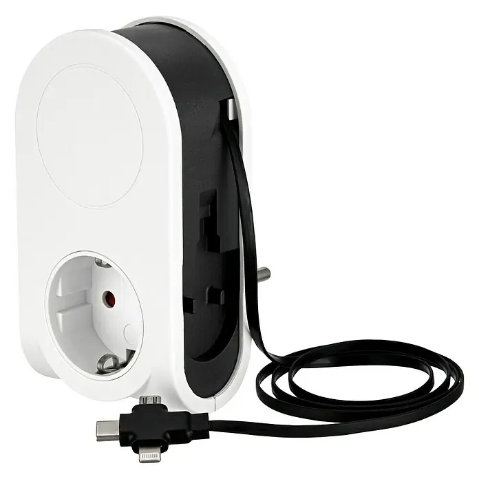REV USB-Ladegerät Flex 3 in 1 - Weiß, USB C-Stecker, USB Micro-Stecker, Lightning-Stecker - Ein weißes, tragbares Ladegerät mit USB-Kabel, das sich ideal für Reisen und den täglichen Gebrauch eignet.