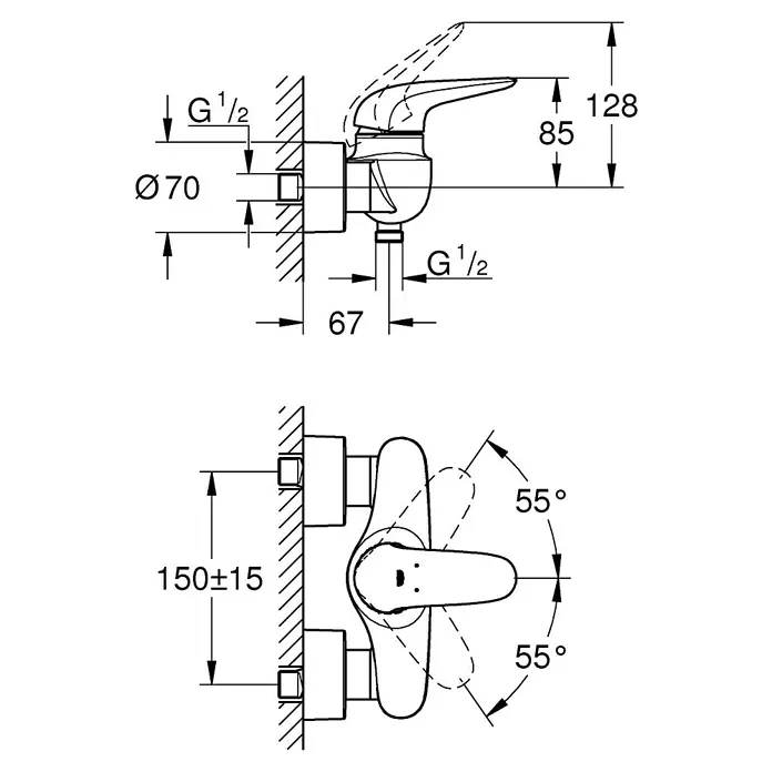 Grohe Eurostyle Solid Brausearmatur - Chrom, Glänzend - Eine technische Zeichnung einer Armatur mit Maßen und Winkeln für die Installation.