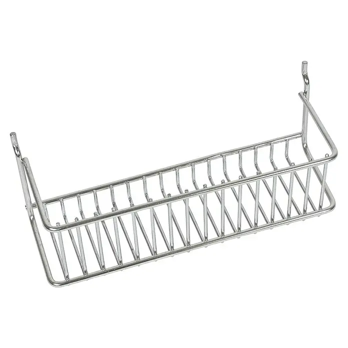 Grillzubehör-Halterung - Passend für: Kingstone Gasgrill Cliff Serie / Kingstone Gasgrill Cliff 250-1 / Kingstone KMS Gasgrill Cliff 350 / Kingstone KMS Gasgrill Cliff 350-1 / Kingstone KMS Gasgrill Cliff 350-1 ES / Kingstone KMS Gasgrill Cliff 450 / Kingstone KMS Gasgrill Cliff 450-1 / Kingstone KMS Gasgrill Cliff 455-1 ES / Kingstone KMS Gasgrill Cliff 650-1 / Kingstone KMS Gasgrill Cliff 655-2, L x B x H: 27 x 10 x 12 cm - Das Bild zeigt einen verchromten Drahtkorb mit Haken zur Aufhängung, ideal für Bad oder Küche, bietet Stauraum und Organisation.