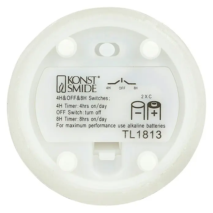 Konstsmide LED-Weihnachtskerzen - Silber, Weiß, Lichtfarbe: Warmweiß - Nahaufnahme der Unterseite einer Kerze von Konstsmide mit Schaltereinstellungen für 4H, OFF, 8H und Batteriefach für 2 C-Batterien.