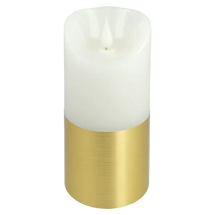 Konstsmide LED-Weihnachtskerzen - Gold, Weiß, Lichtfarbe: Warmweiß - Nahaufnahme einer LED-Kerze mit goldenem Sockel, die eine warme und einladende Atmosphäre schafft.\n