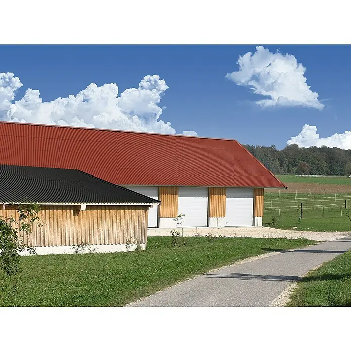 Gutta Wellplatte Shelltec - 200 cm x 95 cm x 4 mm, Terracotta-Rot - Ein ländliches Gebäude mit rotem Wellblechdach und Holzelementen, ergänzt durch ein kleineres Gebäude mit schwarzem Dach.