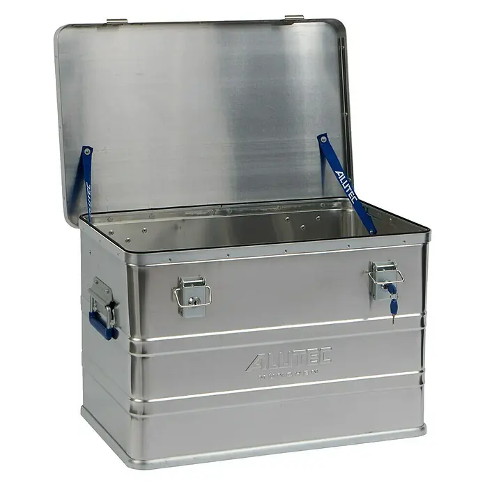 Alutec München Aufbewahrungs- & Transportbox Classic 68 - L x B x H: 575 x 385 x 375 mm, 68 l, Aluminium - Geöffneter Alutec-Aluminiumkoffer mit blauem Griff und Schlüssel, ideal für Transport und Lagerung.