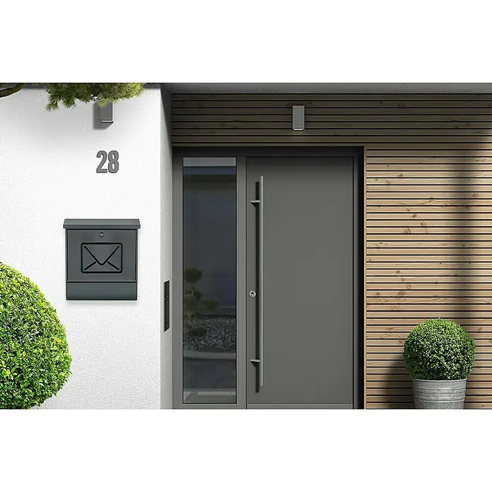 Burg-Wächter Wandbriefkasten Lucenta - L x B x H: 11,5 x 38 x 42,5 cm, Anthrazit, Stahl, Zeitungsfach - Elegante Haustür mit Briefkasten und Hausnummer 28. Die moderne Tür harmoniert perfekt mit der Fassade und dem gepflegten Vorgarten.