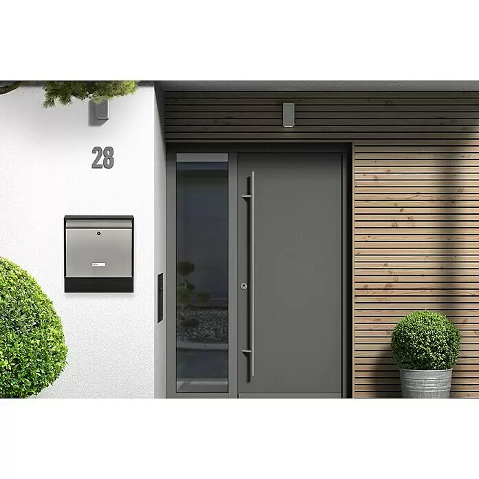 Burg-Wächter Wandbriefkasten Oxford - L x B x H: 10 x 36,2 x 40,3 cm, Schwarz, Silber, Stahl, Zeitungsfach - Moderne graue Eingangstür mit Glaspaneel, Wandbriefkasten und Hausnummer 28.