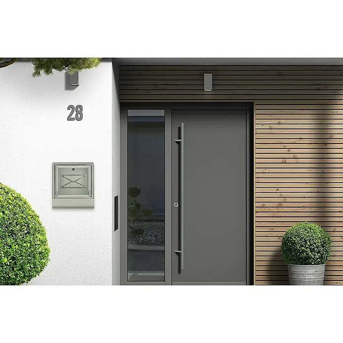 Portaferm Wandbriefkasten Atlanta - L x B x H: 13,8 x 35,5 x 40,2 cm, Silber, Edelstahl, Zeitungsfach - Moderne Haustür mit Seitenelement und Briefkasten. Das stilvolle Design mit Holzverkleidung verleiht Ihrem Eingangsbereich einen Hauch von Eleganz.