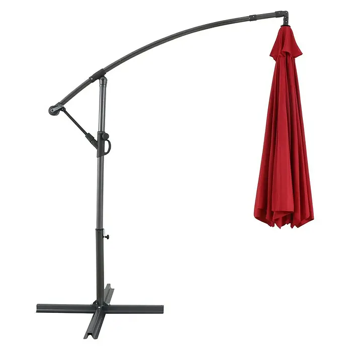 Sunfun Ampelschirm Toscana - Chili, Durchmesser Bespannung: 350 cm - Bild eines roten Ampelschirms mit stabilem, grauem Metallständer, ideal für den Garten oder die Terrasse.