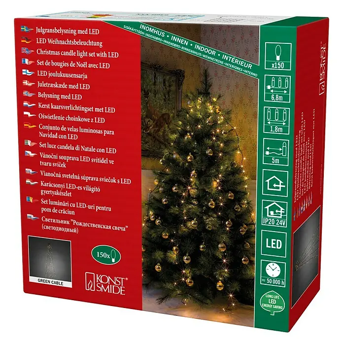 Konstsmide LED-Lichterkette Baummantel - Innen, Lichtfarbe: Bernstein, Anzahl Leuchtmittel: 150 Stk., Netzbetrieben - Bild der Verpackung einer LED-Weihnachtsbaumkerzenbeleuchtung, geeignet für den Innenbereich, mit grünen Kabeln und langer Lebensdauer.