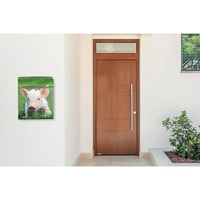 Wandbriefkasten - L x B x H: 12 x 38 x 45 cm, Stahl, Zeitungsfach, Schwein - Ein grüner Briefkasten mit einem Bild von einem niedlichen Ferkel vor einer Haustür, ideal für Tierliebhaber.