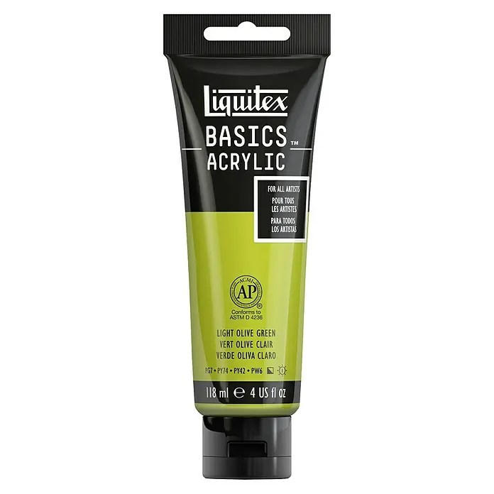 Liquitex Basics Acrylfarbe - Olivgrün hell, 118 ml - Eine Tube Liquitex Basics Acrylfarbe in der Farbe Light Olive Green, geeignet für Künstler aller Niveaus.