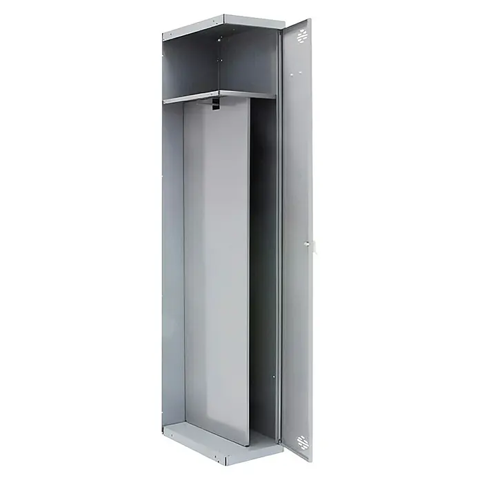 Simonrack Simonlocker Taquilla Prof. Single-Divider Adicional Desmontada - L x An x Al: 50 x 50 x 180 cm, Número de puertas: 1 ud., Gris - Imagen de un armario metálico gris de una sola puerta abierto, con una barra para colgar y un estante que proporciona espacio de almacenamiento.