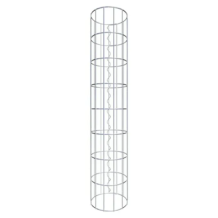 Gabiona Gabionensäule - Durchmesser: 22 cm, Höhe: 80 cm, Stahl, Maschenbreite: 50 mm, Maschenhöhe: 100 mm, Spirale - Das Bild zeigt eine Wendeltreppe, die von einem Metallrahmen umgeben ist. Sie ist hell erleuchtet und spiralförmig aufgebaut.