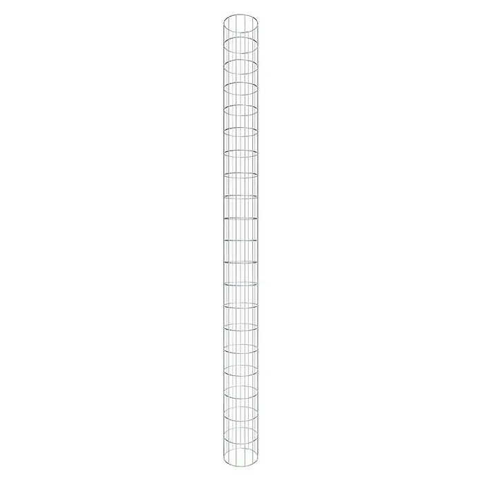 Gabiona Gabionensäule - Durchmesser: 22 cm, Stahl, Maschenbreite: 50 mm, Maschenhöhe: 100 mm, Verschlussart Gabione: Spirale - Aufnahme eines leeren, silbergrauen und zylindrischen Weinkühlschranks mit mehreren Regalen, der die Organisation und Kühlung von Weinen ermöglicht.