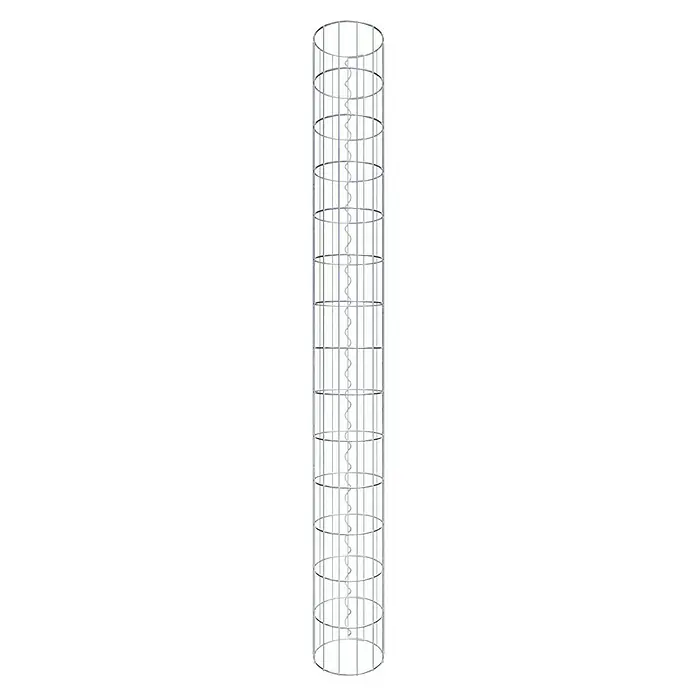Gabiona Gabionensäule - Durchmesser: 22 cm, Höhe: 140 cm, Stahl, Maschenbreite: 50 mm, Maschenhöhe: 100 mm - Aufnahme eines vertikalen Windkraftgenerators mit hellem, dreieckigem Sockel und durchgehendem Spiralblatt im Inneren.