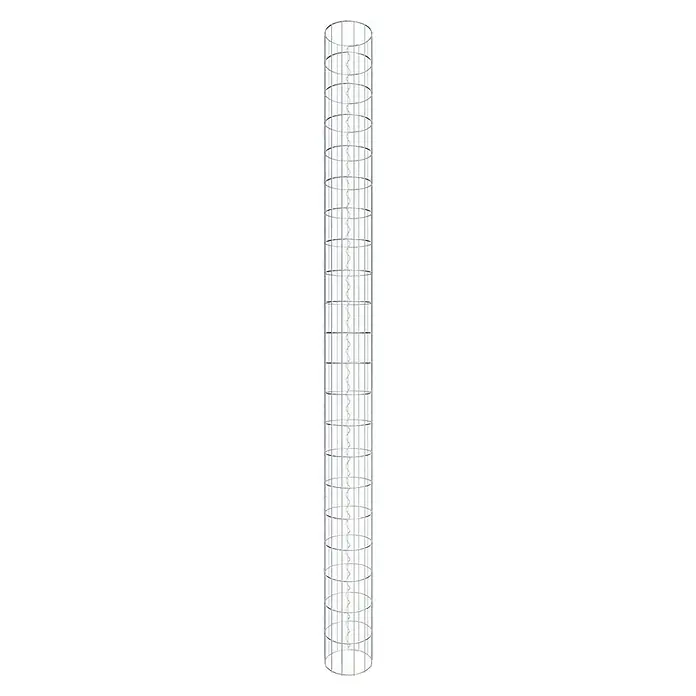 Gabiona Gabionensäule - Durchmesser: 22 cm, Höhe: 210 cm, Stahl, Maschenbreite: 50 mm, Maschenhöhe: 100 mm - Ein hochformatiges Bild eines silberfarbenen, runden Käfigs mit quadratischen Öffnungen, der eine moderne und minimalistische Ästhetik aufweist.