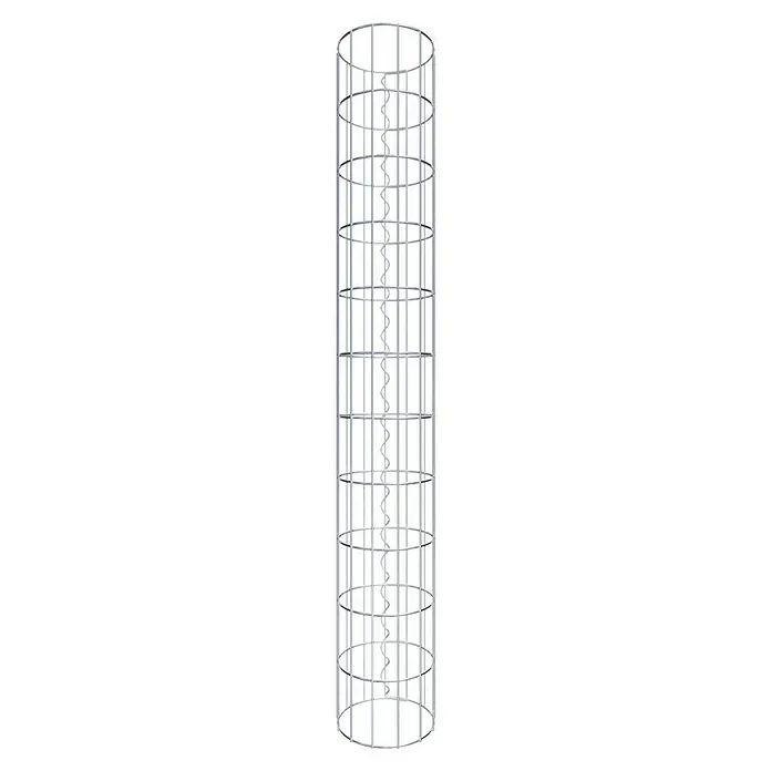 Gabiona Gabionensäule - Durchmesser: 22 cm, Höhe: 110 cm, Stahl, Maschenbreite: 50 mm, Maschenhöhe: 100 mm - Nahaufnahme eines vertikalen Windkraftanlage-Prototyps mit spiralförmigen Rotorblättern in einem zylindrischen Rahmen.