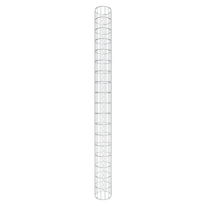 Gabiona Gabionensäule - Durchmesser: 22 cm, Höhe: 180 cm, Stahl, Maschenbreite: 50 mm, Maschenhöhe: 100 mm - Ansicht eines silbernen, vertikalen Gerüsts. Die Struktur besteht aus sich wiederholenden, rechteckigen Abschnitten.