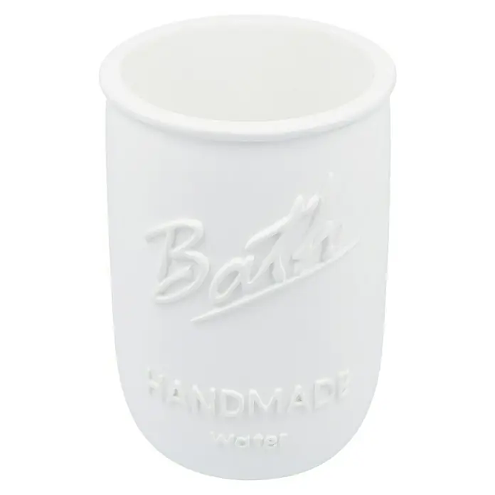 Venus Bath Zahnputzbecher - Polyresin, Weiß - Weiße Keramikdose mit Aufschrift "Bath", "Handmade" und "Water", ein stilvolles Accessoire für Bad oder Küche zur Aufbewahrung von Kleinigkeiten.