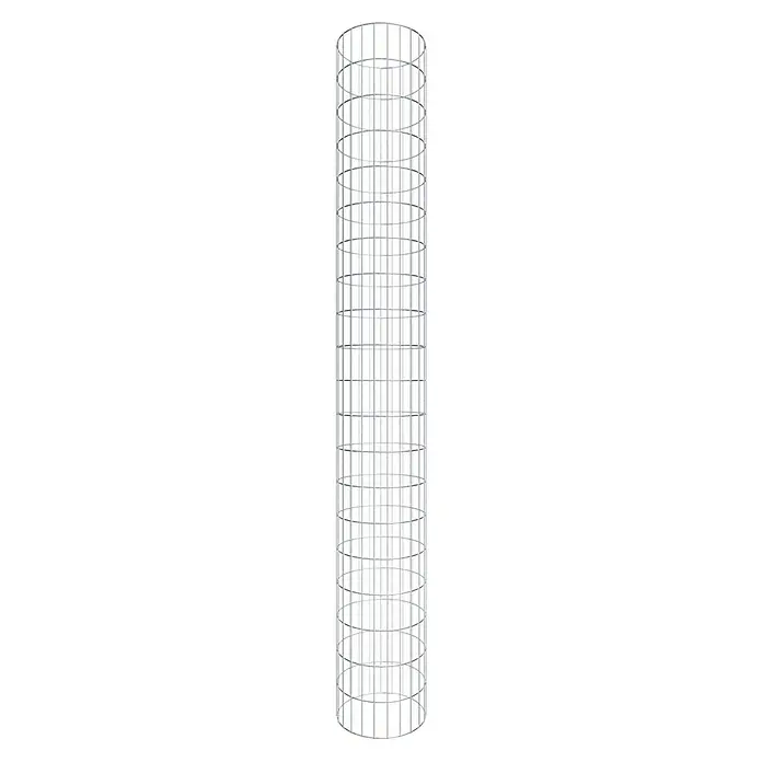 Gabiona Gabionensäule - Durchmesser: 37 cm, Höhe: 200 cm, Stahl, Maschenbreite: 50 mm, Maschenhöhe: 100 mm, Verschlussart Gabione: Spirale - Detaillierte Aufnahme eines vertikalen Gitters aus hellem Metall, das Licht und Schatten effektvoll einfängt. Ideal für moderne Designs.