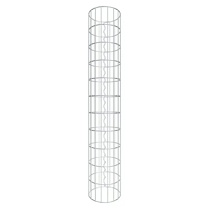 Gabiona Gabionensäule - Durchmesser: 27 cm, Höhe: 110 cm, Stahl, Maschenbreite: 50 mm, Maschenhöhe: 100 mm - Das Bild zeigt eine zylindrische Struktur mit einem spiralförmigen Objekt in der Mitte, die von vertikalen Stäben und horizontalen Ringen umgeben ist.
