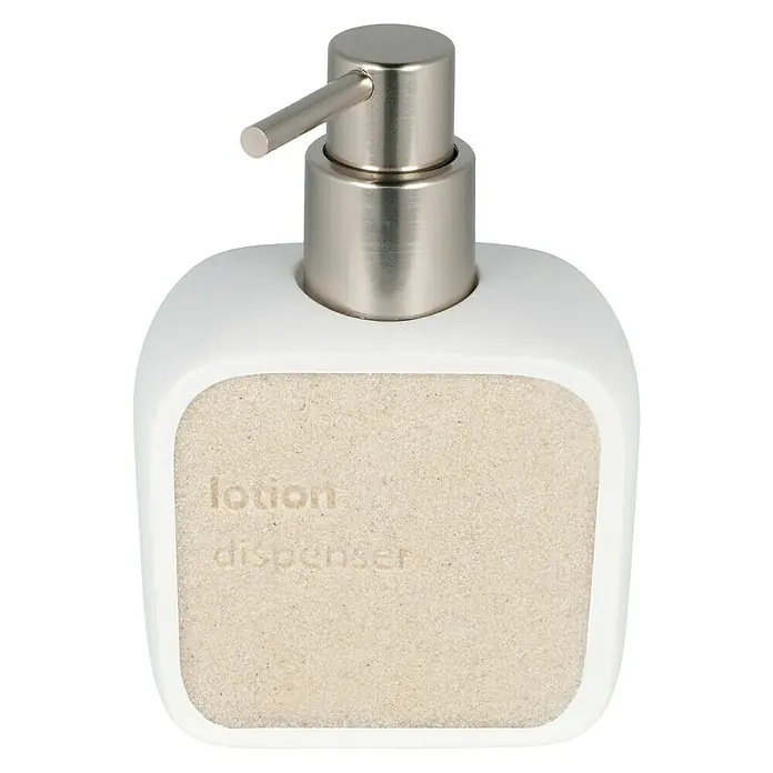 Venus Nara Seifenspender - Polyresin, Grau - Weißer Seifenspender mit beiger Textur und Aufschrift "Lotion Dispenser", mit einem silberfarbenen Pumpkopf, ideal für Badezimmer.