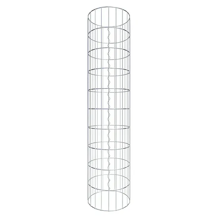 Gabiona Gabionensäule - Durchmesser: 32 cm, Höhe: 100 cm, Stahl, Maschenbreite: 50 mm, Maschenhöhe: 100 mm - Das Bild zeigt einen zylindrischen Käfig aus Metall mit einer spiralförmigen Struktur in der Mitte. Die Konstruktion wirkt modern und industriell.