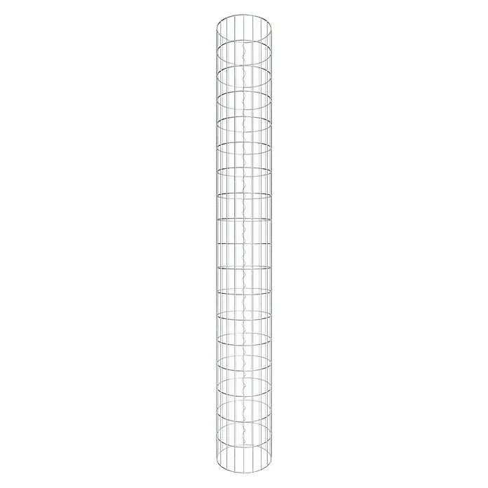 Gabiona Gabionensäule - Durchmesser: 32 cm, Höhe: 180 cm, Stahl, Maschenbreite: 50 mm, Maschenhöhe: 100 mm - Ansicht eines silbernen, zylindrischen Sicherheitskäfigs mit einer spiralförmigen Struktur in der Mitte und horizontalen Verstrebungen.