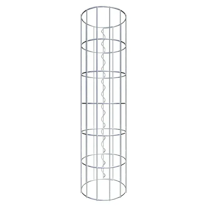Gabiona Gabionensäule - Durchmesser: 22 cm, Höhe: 60 cm, Stahl, Maschenbreite: 50 mm, Maschenhöhe: 100 mm - Innenansicht einer silbernen Rüttelmühle mit spiralförmigem Quirl für gründliches Mischen. Das Gehäuse ist aus robustem Metall gefertigt.