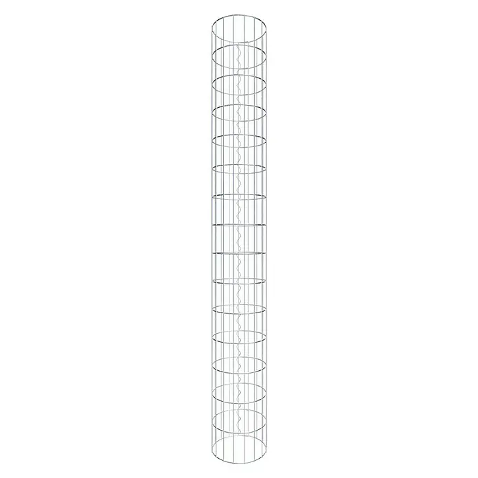 Gabiona Gabionensäule - Durchmesser: 27 cm, Höhe: 150 cm, Stahl, Maschenbreite: 50 mm, Maschenhöhe: 100 mm - Metallkonstruktion mit einem spiralförmigen Element in der Mitte, umgeben von vertikalen und horizontalen Stäben, die eine zylindrische Form bilden.