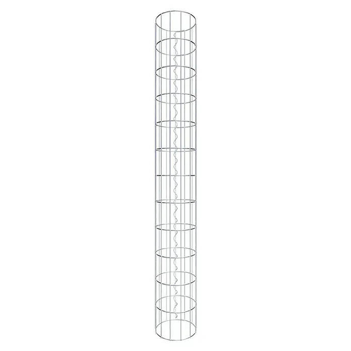 Gabiona Gabionensäule - Durchmesser: 22 cm, Höhe: 120 cm, Stahl, Maschenbreite: 50 mm, Maschenhöhe: 100 mm - Ansicht eines vertikalen Aufzugs, der durch einen spiralförmigen Mechanismus innerhalb eines silbernen Metallrahmens betrieben wird.