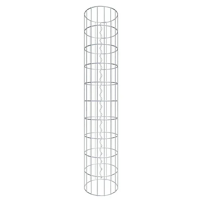 Gabiona Gabionensäule - Durchmesser: 27 cm, Höhe: 100 cm, Stahl, Maschenbreite: 50 mm, Maschenhöhe: 100 mm - Abbildung eines zylindrischen Käfigs mit einer spiralförmigen Struktur in der Mitte, dargestellt in Grautönen und von einem dunklen Hintergrund umgeben.