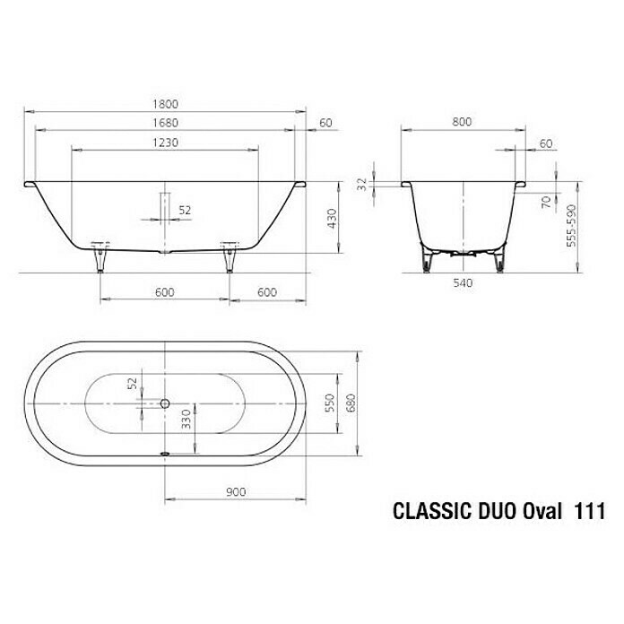 Kaldewei Badewanne Classic Duo Oval 111180 x 80 cm, Stahl-Email, Alpinweiß Sketch