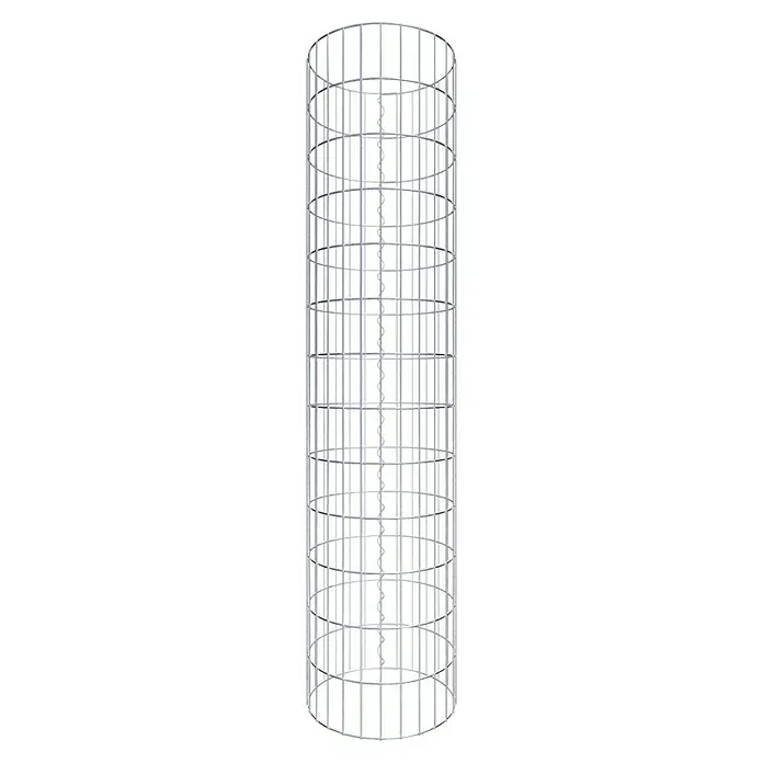 Gabiona Gabionensäule - Durchmesser: 42 cm, Höhe: 130 cm, Stahl, Maschenbreite: 50 mm, Maschenhöhe: 100 mm - Silberner zylindrischer Käfig mit vertikalen Stäben und spiralförmiger Leiter, ideal für Industrie oder Bauwesen.