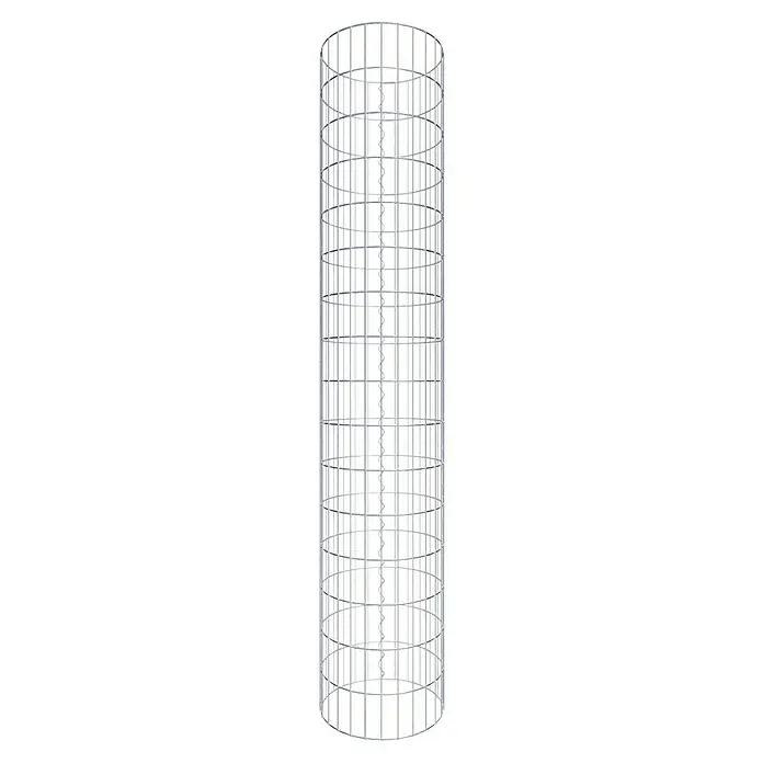 Gabiona Gabionensäule - Durchmesser: 42 cm, Höhe: 160 cm, Stahl, Maschenbreite: 50 mm, Maschenhöhe: 100 mm, Spirale - Das Bild zeigt eine Metallleiter in einem zylindrischen Käfig. Eine Wendeltreppe verläuft in der Mitte des Käfigs und bietet Zugang nach oben.
