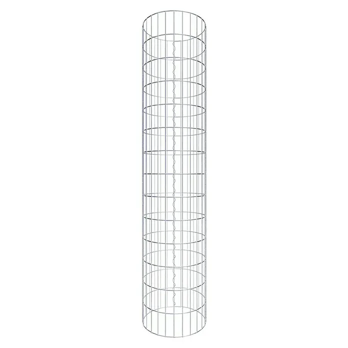Gabiona Gabionensäule - Durchmesser: 42 cm, Höhe: 140 cm, Stahl, Maschenbreite: 50 mm, Maschenhöhe: 100 mm - Das Bild zeigt einen zylinderförmigen, silberfarbenen Käfig mit einer spiralförmigen Struktur in der Mitte, ideal für vertikale Gartenprojekte.