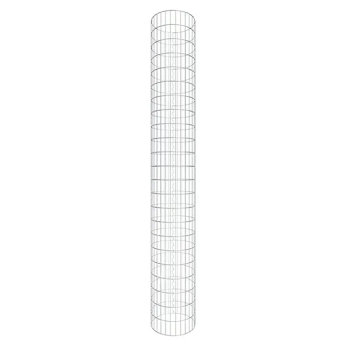 Gabiona Gabionensäule - Durchmesser: 47 cm, Höhe: 230 cm, Stahl, Maschenbreite: 50 mm, Maschenhöhe: 100 mm - Dieses Bild zeigt einen silbernen Drahtkäfig, der zylindrisch geformt ist und ein Muster aus Ringen und vertikalen Streben aufweist. Er ist vor einem schwarzen Hintergrund abgebildet.