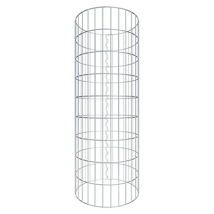 Gabiona Gabionensäule - Durchmesser: 47 cm, Höhe: 90 cm, Stahl, Maschenbreite: 50 mm, Maschenhöhe: 100 mm - Einblick in einen silbernen Käfig, der eine zentrale spiralförmige Stütze umschließt, ideal für Kletterpflanzen.