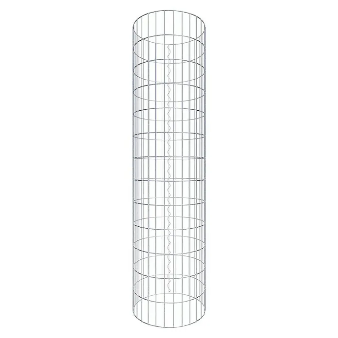 Gabiona Gabionensäule - Durchmesser: 47 cm, Höhe: 130 cm, Stahl, Maschenbreite: 50 mm, Maschenhöhe: 100 mm - Aufnahme eines zylindrischen Käfigs mit vertikalen Stäben und horizontalen Ringen, die eine stabile Struktur bilden.