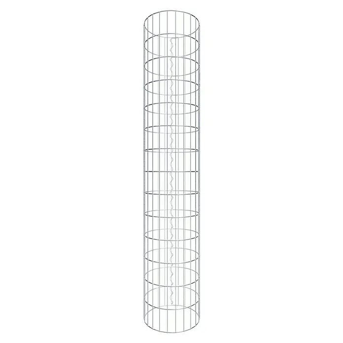 Gabiona Gabionensäule - Durchmesser: 37 cm, Höhe: 140 cm, Stahl, Maschenbreite: 50 mm, Maschenhöhe: 100 mm - Aufnahme eines innovativen, vertikalen Windturbinenmodells.