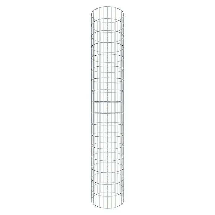 Gabiona Gabionensäule - Durchmesser: 42 cm, Höhe: 170 cm, Stahl, Maschenbreite: 50 mm, Maschenhöhe: 100 mm - Das Bild zeigt einen hohen, zylindrischen Käfig mit einer Reihe vertikaler Stäbe und horizontaler Ringe, die eine strukturierte Ummantelung bilden.